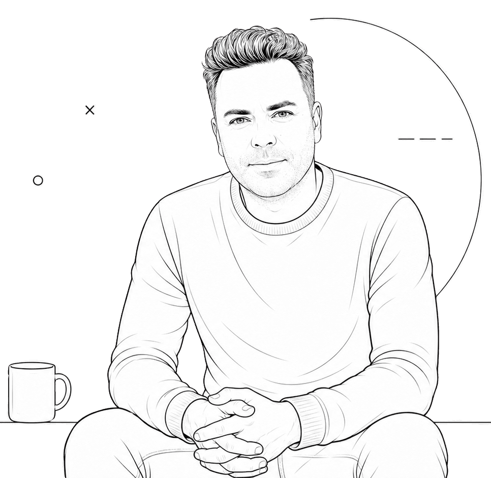 Line drawing of Aleksejs Kruminsh, founder of MarketingRoutine, sitting with hands clasped beside a coffee mug, facing the reader.